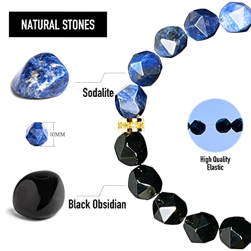 Shrandi Handmade Sodalite And Black Obsidian Gemstone Protection Bracelet For Men And Women, Natural Stone Faceted Beaded Bracelet For Anxiety And Stress, Adjustable Elastic Band #TOP3