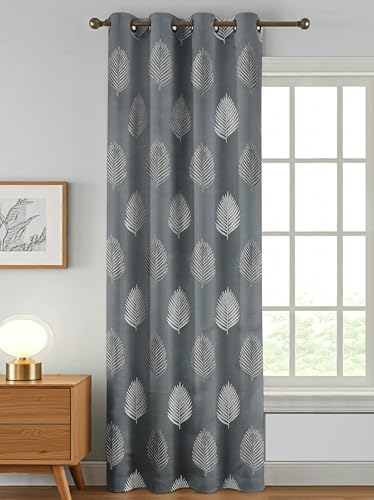 Image of FRESH FROM LOOM Premium Anti-Wrinkle Curtains | 12 Feet Long | 80% Sun Block | Elegant Jacquard Fabric for Doors & Windows, Luxury Curtain (12ft, Grey Leaf, 1pc)