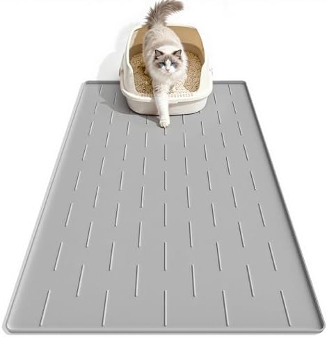Pieviev Katzenklo Unterlage, Silikon Katzenstreu Matte, Hellgrau 86x56cm | leicht zu reinigen, wasserdichte Katzenmatte Katzenklo, rutschfeste Auffangmatte mit erhöhtem Rand, zum S