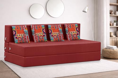 Image of Rosebell Four Seater Foldable Sofa Cum Bed (6x6 Feet) ? Jute Fabric, Washable Removable Cover, Includes Cushion | Space Saving Convertible Sofa Bed for Home, Office & Guests - Red