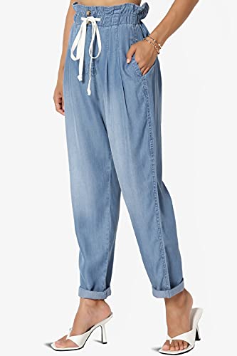 TheMogan Women's Chic Paperbag High Waist Chambray Joggers w Elastic Cuffs Tencel Pants3