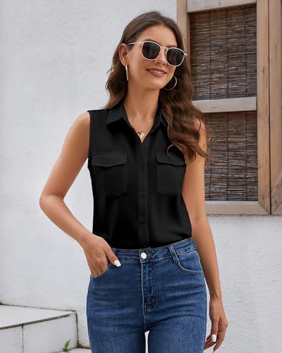 YAMANMAN Women's Sleeveless Button Down Shirts Blouses Solid Casual Tank Top Loose V Neck Summer Top for Work4