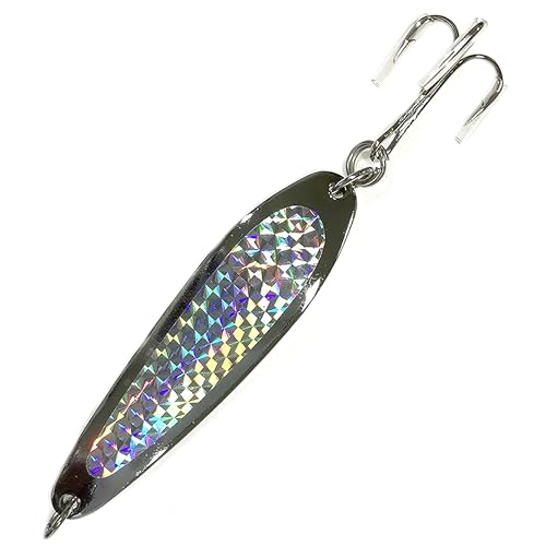 5oz Crocodile Spoons with Treble Hooks – 6 Pack, Multi-Species Fishing Lures – Mustad Treble Hooks, Chrome Plated Silver Prism – Ideal for Bass, Trout, Tuna, Yellowtail & More