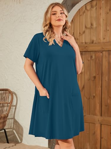 Image of AusLook Plus Size Midi Dress for Women V Neck Short Sleeve Summer Casual Loose Fit Vacation Sundress with Pockets 1X-5X