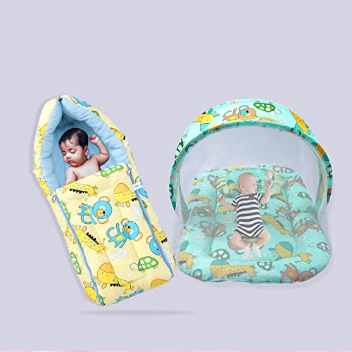 Image of MOM & SON Baby Gift Set Mattress with Net & Baby Sleeping Bag (0-3 Months) (Yellow & Green)