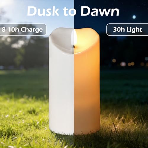 Image of Solar Candles Outdoor Waterproof, Flameless Flickering Pillar Candles 3 Pack 4 inch 5 inch 6 inch, IP65 Solar Powered Dusk to Dawn Sensor with 30+ Hours Long Lasting fo Patio Garden Yard Deck Decor