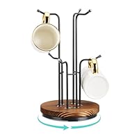 HULISEN 360° Rotating Mug Tree for Large Cups, Counter Coffee Mug Holder with 6 Hooks, Metal Coffee Cup Rack Stand for Countertop with Stable Wooden Base, Kitchen Counter Decor