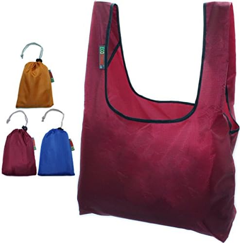 EcoJeannie 3 Pack Ripstop Nylon Foldable Reusable Grocery Shopping Bag, Built-in Pouch, RBS035 (Mustard, Wine, Royal Blue)