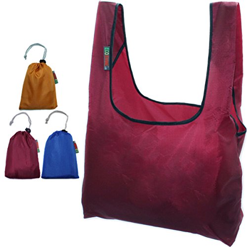 Ecojeannie 3 Pack Ripstop Nylon Foldable Reusable Grocery Shopping Bag, Built-In Pouch, Rbs035 (Mustard, Wine, Royal Blue) #TOP3