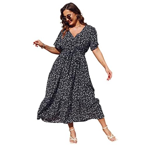 KOJOOIN Women Plus Size V Neck Wrap Maxi Dress Short Sleeves High Waist Ruffle Summer Casual Dress with Belt, XX-Large, Black Flower