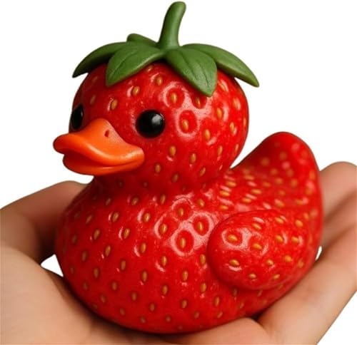 ERISAMO Whimsical Fruit-Themed Duck Figurines, Adorable Fruit Duck Decoration, Creative Fruits Themed Duckies Ornaments, Playful & Charming Decor, Unique Rubber Duck Desktop Ornament (Strawberry)