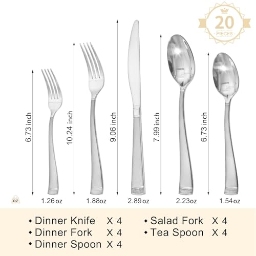 HIKAA Modern Silverware Set, 20 PCS Mirror Polished, Dishwasher Safe