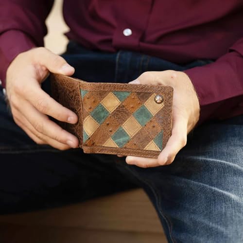 Image of HOOEY Ouray Men's Bifold Wallet - Brown & Turquoise Ostrich Print Roughy Wallet, Genuine Leather Western Wallet with ID Window & Card Slots