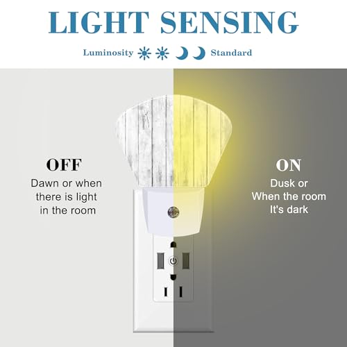 Image of White Wooden Texture Night Light, Old Wood Grain Nightlight Plug into Wall with Dusk to Dawn Sensor for Kid Girls Boys Women Men Bedroom, Hallway, Kitchen, Bathroom, Stairs Decor