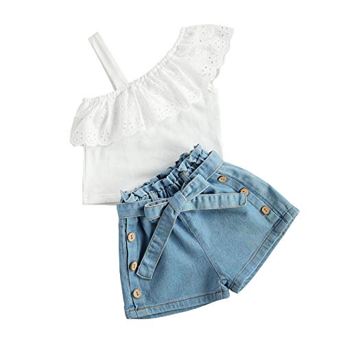 Toddler Girl Summer Outfits Ruffle Sleeve Sleeveless T-Shirt Tops and Ripped Denim Shorts 2Pcs Clothes Set (White Shirt+Denim Shorts, 4-5T) Toddler Girl Summer Outfits Ruffle Sleeve Sleeveless T-Shirt Tops and Ripped Denim Shorts 2Pcs Clothes Set (White Shirt+Denim Shorts, 4-5T)