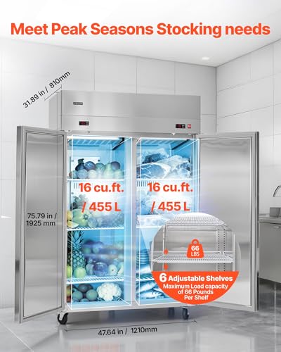 Image of VEVOR Commercial Refrigerator and Freezer Combo 48 inch W, 32 Cu.Ft Stainless Steel Upright Refrigerator /Freezer with Double Doors, Auto-Defrost, 6 Adjustable Shelves, UL Certified