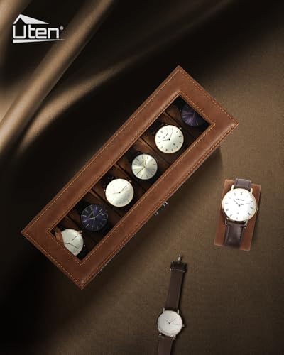 Image of Uten 6 Slots Watch Box, PU Leather Watch Case with Glass Lid, Watch Holder Organizer with Soft Pillow and Velvet Lining, Watch and Jewelry Storage Box, Brown