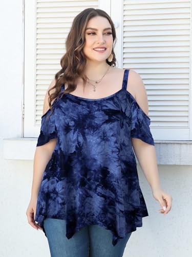 Image of LARACE Cold Shoulder Tops for Womens Summer Clothes Spaghetti Strape Tunic Oversized Shirts Asymmetrical Plus Size Blouse