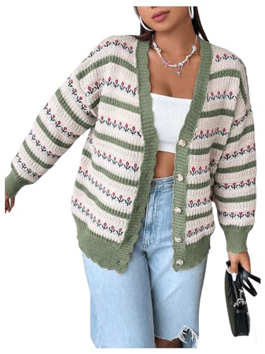 Women's Plus Size Floral Striped Cardigan Sweaters Button Down Long Sleeve Knit Outerwear