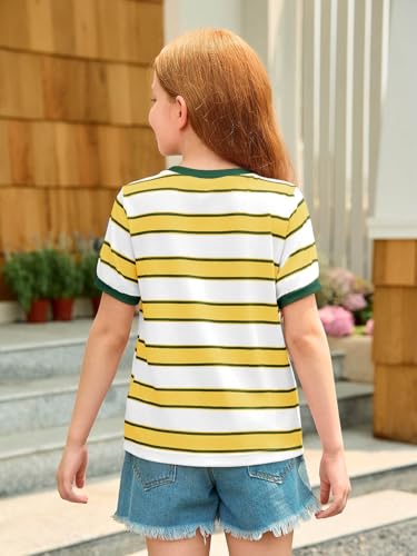 Image of Haloumoning Girls Striped Short Sleeve T Shirts Kids Summer Casual Tops Crewneck Tees Blouses 5-14Y