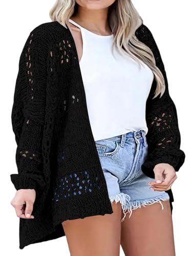 Image of Plus Size Womens Crochet Cardigans Sweater Boho Long Sleeve Lightweight Oversized Open Front Loose Fit Knitted Tops