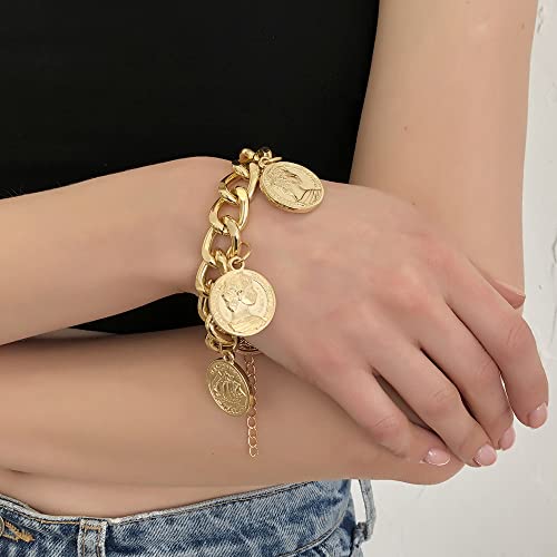Jumwrit Chunky Chain Bracelet Punk Cuban Curb Link Chain Bracelet Statement Golden Coin Bracelet for Women2