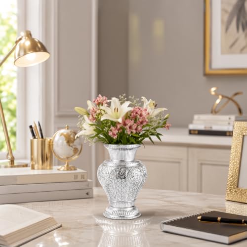 Image of Silver Plated Aluminium Flower Vase | Embossed Vase for Fresh & Artificial Flowers | Luxury Table Centerpiece | Living Room, Office, Hotel & Home Decor | Ideal Gift (9 x 6) inch