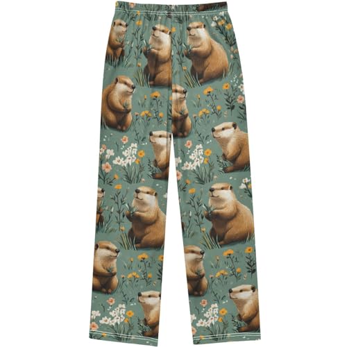 Pigsaly Boys Pajama Bottoms Boys' Pants Yellow Flower Plants Cute Brown Beavers Long Bottoms Jogger Pants S2