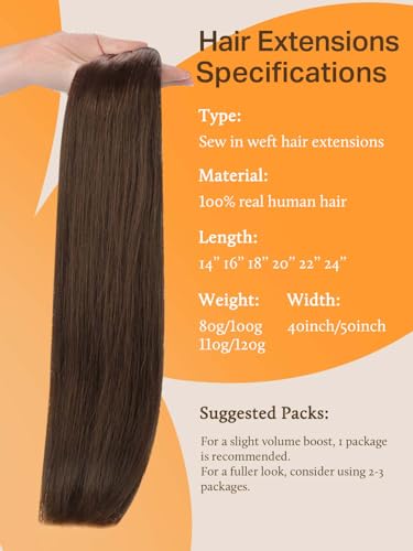 Image of DOORES Weft Hair Extensions, 20 Inch 100g Chocolate Brown Sew in Hair Extensions Real Human Hair Sew in Weft