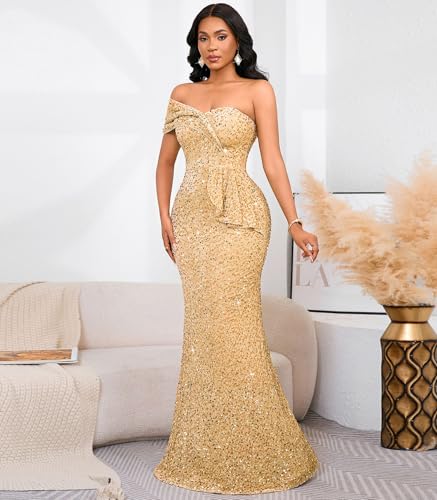 Image of Cololura Women Sexy Sequin One Shoulder Mermaid Formal Party Cocktail Gowns Bodycon Evening Maxi Dress