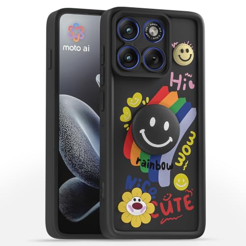 Image of Pikkme Back Cover for Motorola Moto Edge 70 5G | Soft Silicone| Cute Rainbow Smile & 3D Cartoon Flower Design | Shockproof Raised Camera Protection Bumper Case (Black)