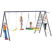 AIYAPLAY 6 in 1 Kids Swing Set with Metal Frame, Basketball Hoop, Climbing Ladder and Net, Heavy Duty Children Swing Play Set for Backyard Garden, Outdoor Playground for Ages 3-8