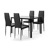 Nishore Dining Table Set for 4,Kitchen Room Tempered Glass Dining Table,4 Faux Leather Chairs,Black