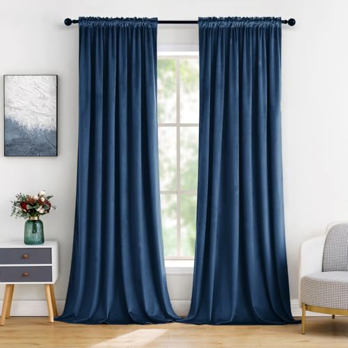 Image of MIULEE Navy Blue Blackout Velvet Curtains Drapes 96 Inch Long 52 inchx96 inch