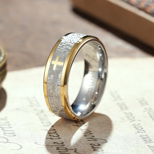King Will Stainless Steel Men Ring 8mm Lord's Prayer Cross Ring Stainless Steel Men Wedding Ring, Gold/Silver/Black Wedding Band Bible Engraved Rings High Polished, Comfort Fit Size 7-142