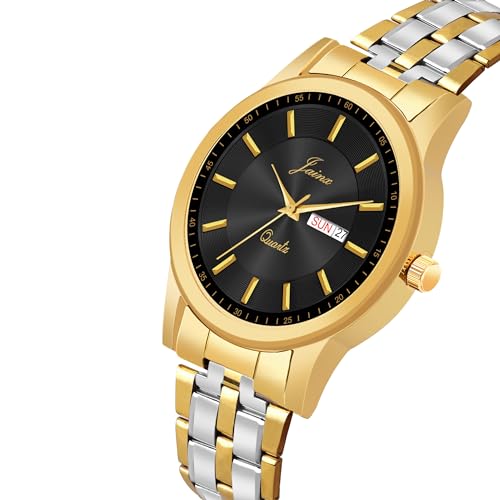 Image of jainx Premium Golden Chain Day and Date Feature Analog Wrist Watch for Men (Golden /White /Black Color Dial)