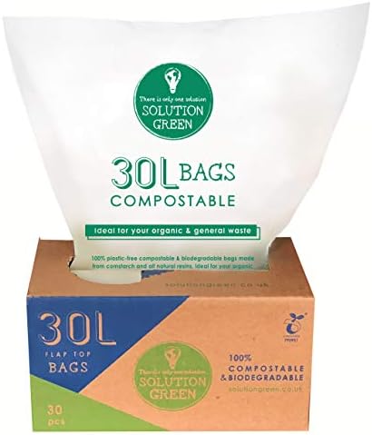 Solution Green 30L - 30pcs Biodegradable Bin Bags with Tie Handles | Compostable Bin Liners EN13432 Certified | Tie Top Eco-Friendly 30 Litre Bags | Food Caddy Liners Kitchen