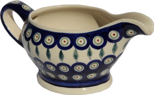 Polish Pottery Gravy Boat 16 Oz. From Zaklady Ceramiczne Boleslawiec #1258-56 Peacock Traditional Pattern, Capacity 16 Oz.