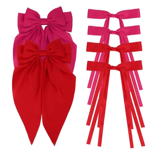 ANBALA 6PCS Hair Bows for Women Girls, Elegant Satin Ribbon Bows for Hair Bowknot Hair Clips and Barrettes (Red, Hot Pink)