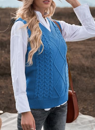 Image of EVALESS Oversized Sweater Vest for Women V Neck Sleeveless Cable Knit Tops