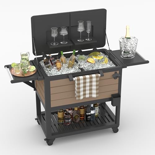 Patio Cooler Cart with Wheels, 104 Qt Portable Rolling Ice Chest, Outdoor Beverage Bar Cart with Handles for Pool, Deck, BBQ, Cookouts Party-Brown