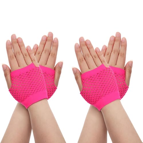 Piriuuo 2 Pairs Pink Fishnet Gloves Short, Elastic Fishnet Gloves Fingerless-Nylon Short Fishnets Arm Sleeves Neon Mesh Glove Fingerless for Women Girls Cosplay Halloween Costume Party (Hot Pink)
