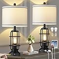 Modern Table Lamps, Industrial 3-Way Dimmable Bedside Lamp with USB A+C Ports & AC Outlet, Touch Control Rustic Nightstand Lamp LED Night Light for Living Room Bedroom Decor Home(4 Bulbs Included)