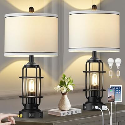 Modern Table Lamps, Industrial 3-Way Dimmable Bedside Lamp with USB A+C Ports & AC Outlet, Touch Control Rustic Nightstand Lamp LED Night Light for Living Room Bedroom Decor Home(4 Bulbs Included)