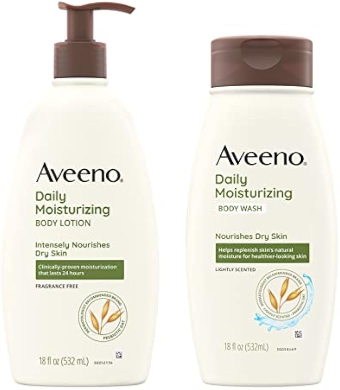 Aveeno Daily Moisturizing Lotion & Wash Regimen Pack, Nourishing Daily Moisturizing Body Lotion for Dry Skin, 18 oz, & Hydrating Body Wash with Soothing Prebiotic Oat, 18 oz, 2 Items