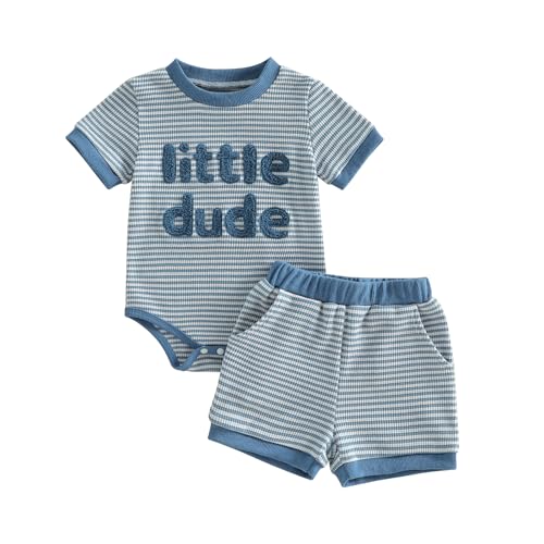 Onfmst Little Dude Baby Boy Outfit Summer Newborn 3 6 9 12 Months Striped Waffle Knit Short Sleeve Romper Shorts Set Clothes (Blue Little Dude 0-3 Months)