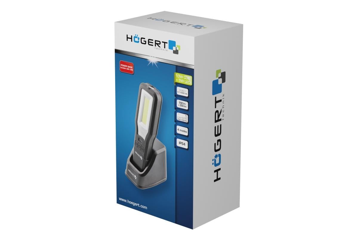 HÖGERT TECHNIK Werkstattlampe LED mit Ladestation – 10W COB LED, 550 lm, USB-Aufladung, IP54, 360° drehbar, Powerbank, magnetisch, 4 Modi, 3,5h Betriebszeit, für Werkstatt, Auto und Haushalt
