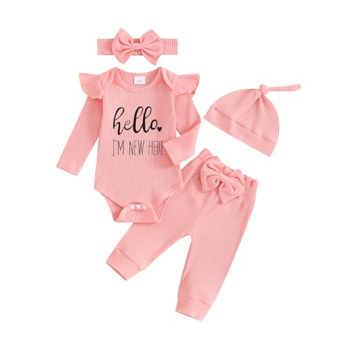 Image of Twopumpkin Newborn Baby Girl Clothes Outfits Rib Knit Bodysuit Romper Floral Pants Headband Hat Coming Home Outfit