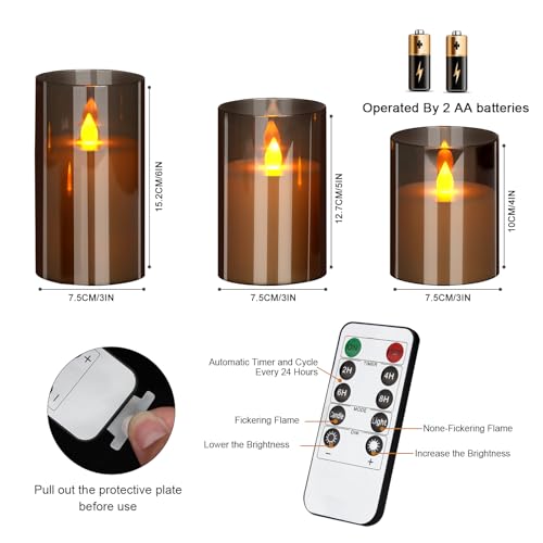 Flameless LED Candles with Remote Set of 3 Battery-Operated Acrylic Gray Pillars, 4", 5", 6" x 3" Diameter Flickering Effect with Timer Ideal for Home Décor Weddings Parties, Restaurants - Image 7