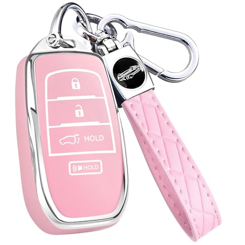 Key Fob Cover for Toyota - Premium Soft TPU Shell Full Protection Case with Keychain, Fits Grand Highlander Corolla Camry Tundra Prius Sequoia Venza Tacoma 4Runner Rav4 Land Cruiser, Pink 4-Button